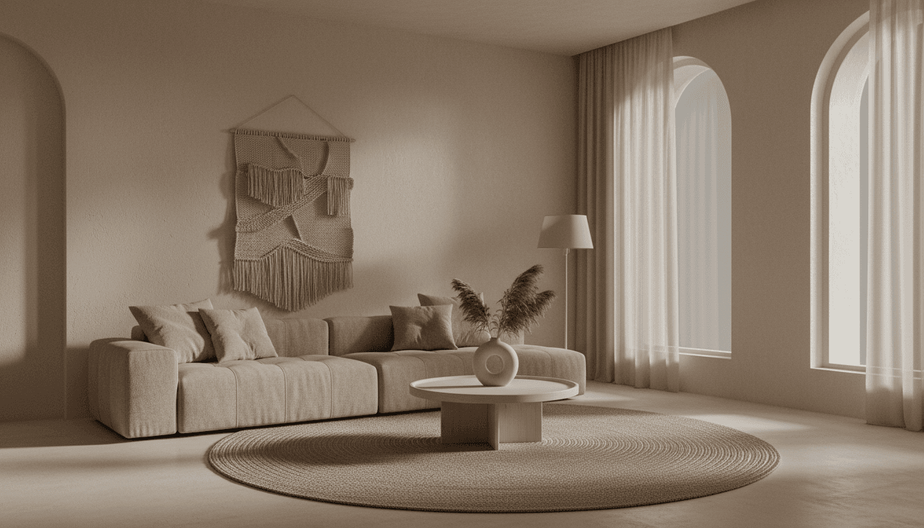 Warmes Mondlicht in minimalem, elegantem Wohnraum