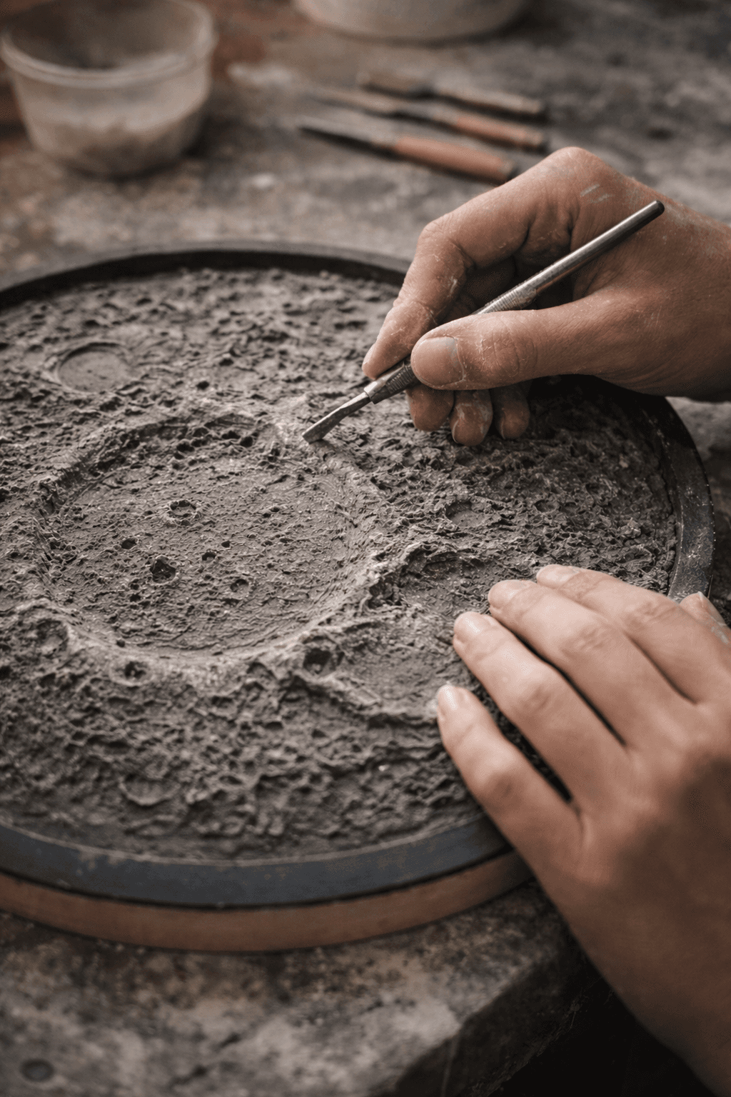 Hände schnitzen mit einem feinen Werkzeug eine detailreiche, graue Mondoberfläche mit Kratern und Texturen.