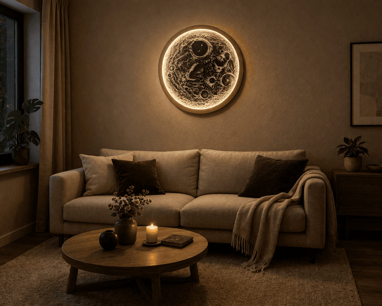 Gemütliches Wohnzimmer mit beigem Sofa und einer großen, leuchtenden Mond-Wandlampe in warmem Licht.