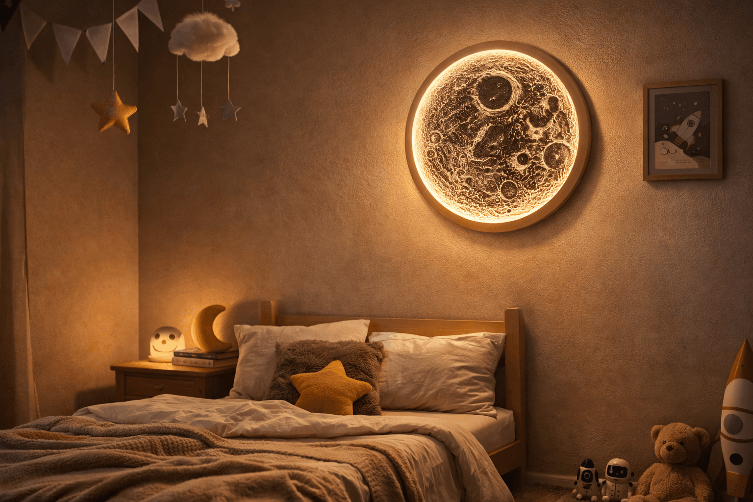 Gemütliches Kinderzimmer mit einer großen, leuchtenden Mondlampe an der Wand über dem Bett.
