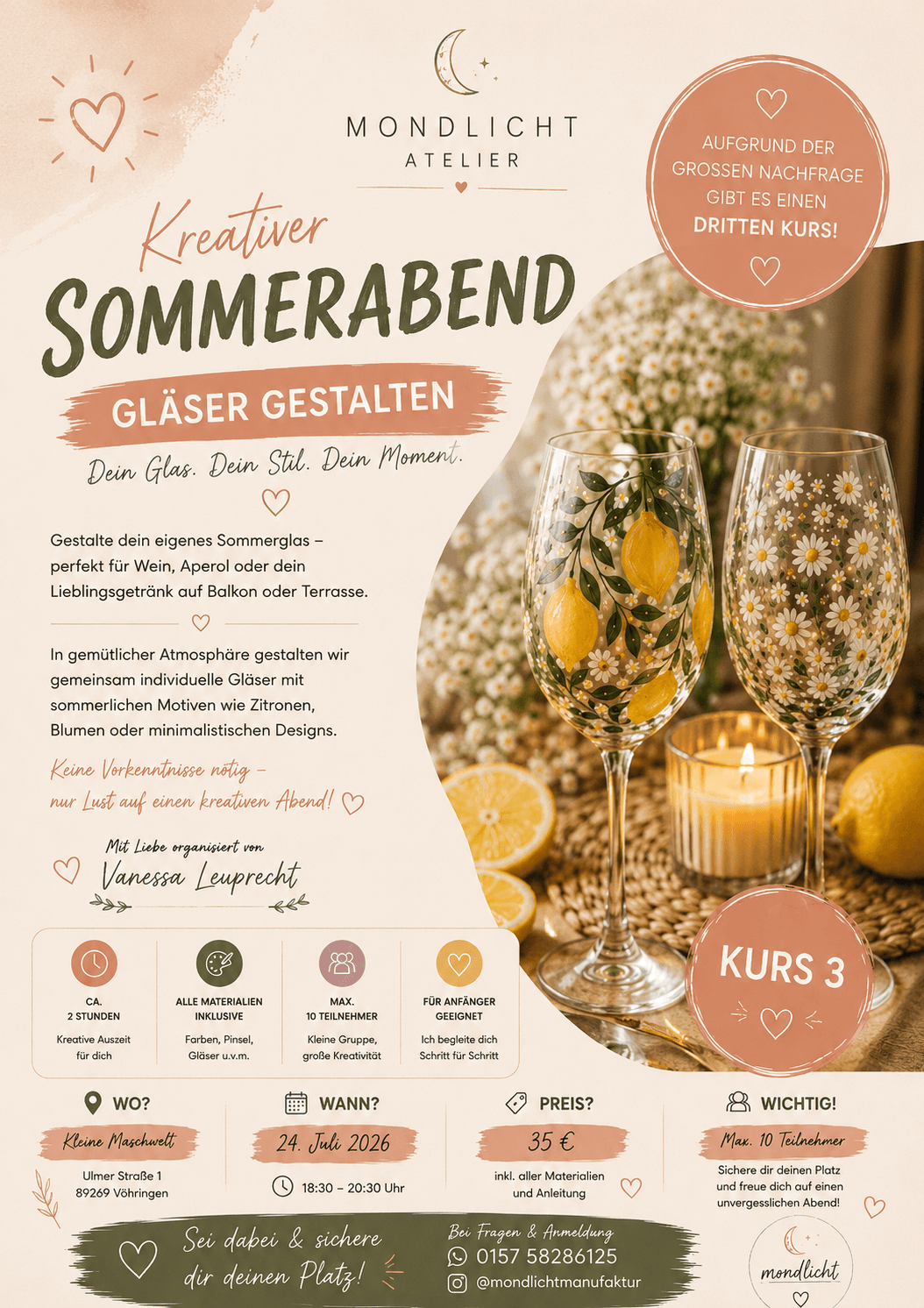 Flyer für einen kreativen Workshop zum Gläserbemalen mit handbemalten Weingläsern, Blumen und Zitronen.