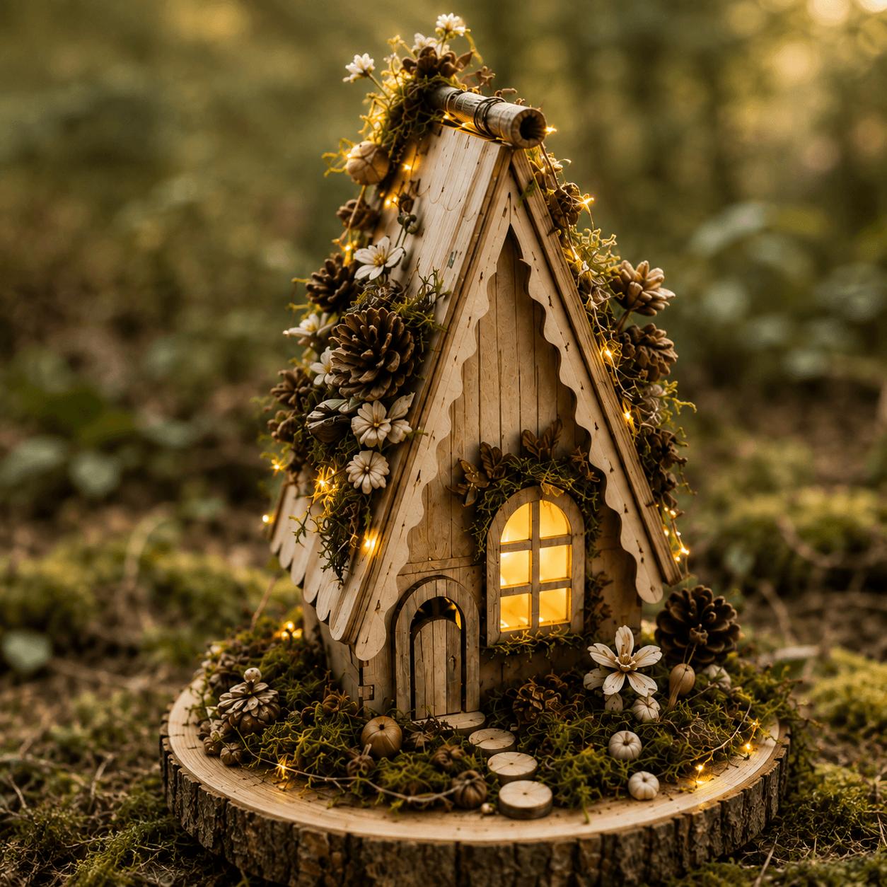 Ein beleuchtetes Miniatur-Holzhaus mit Moos, Tannenzapfen und Lichterketten auf einem moosigen Waldboden.