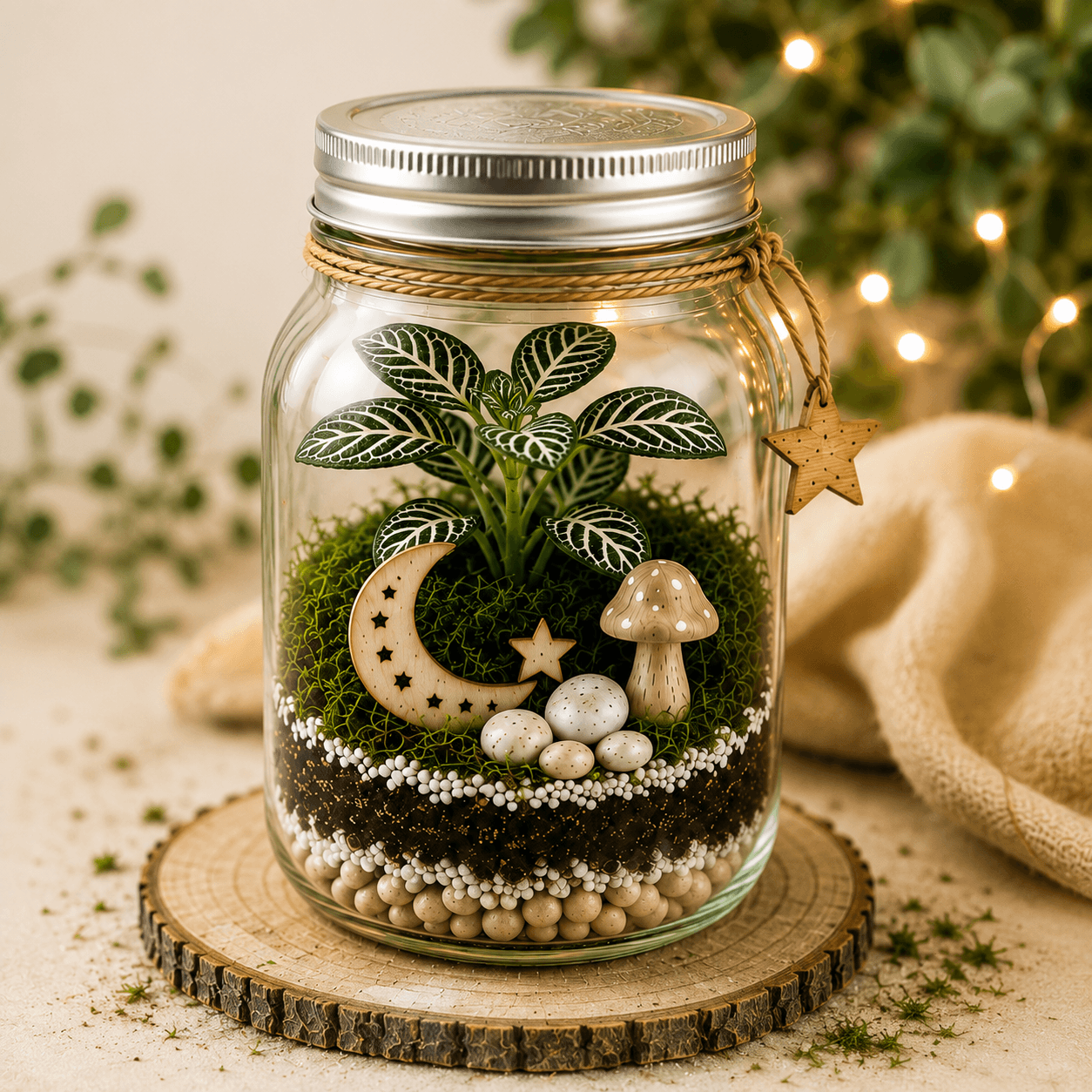 Ein Terrarium im Glas mit Fittonia, Moos, Holzmond und Pilzfigur auf einer rustikalen Holzscheibe.