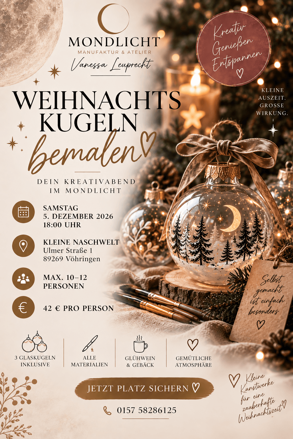Flyer für Weihnachtskugeln-Workshop mit handbemalten Glaskugeln, Pinseln und festlicher Beleuchtung in gemütlicher Atmosphäre.