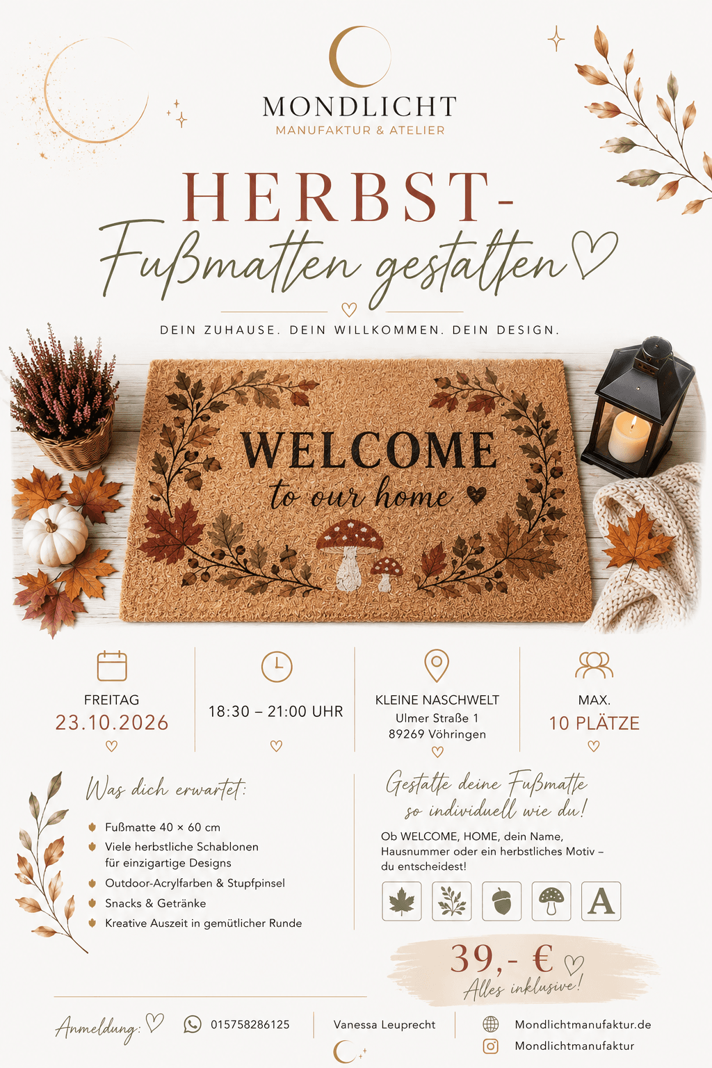 Werbeflyer für einen Workshop zum Gestalten herbstlicher Fußmatten mit Blättern, Pilzen und gemütlicher Dekoration.