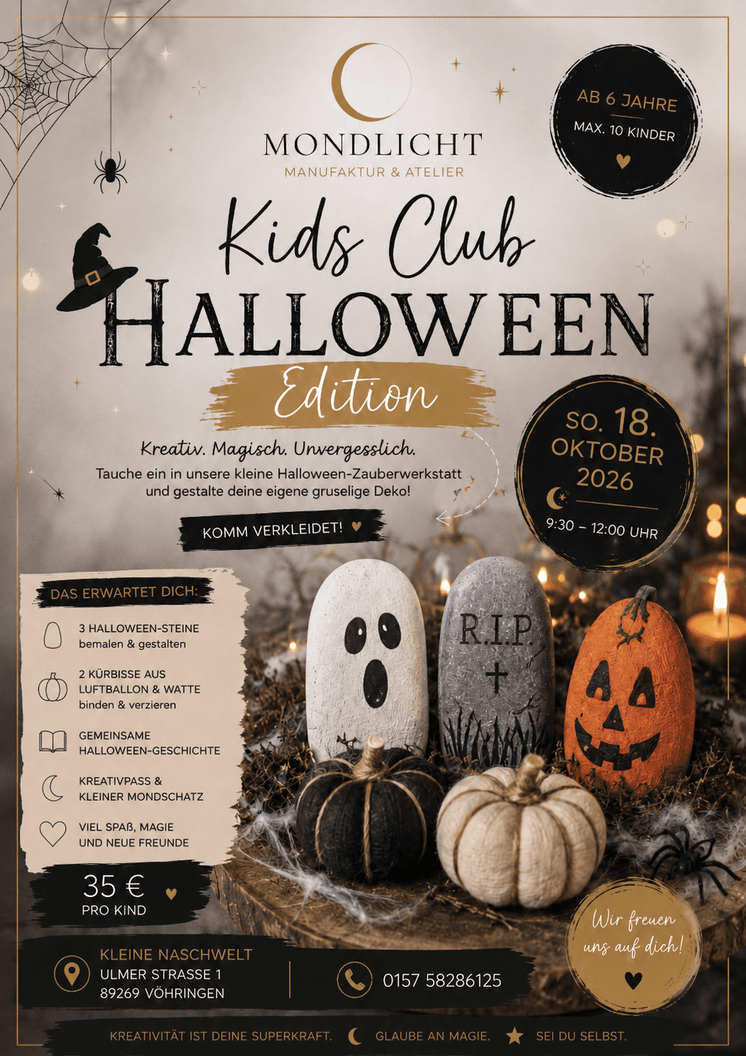 Flyer für die Halloween Edition des Kids Club mit bemalten Steinen und herbstlicher Dekoration.