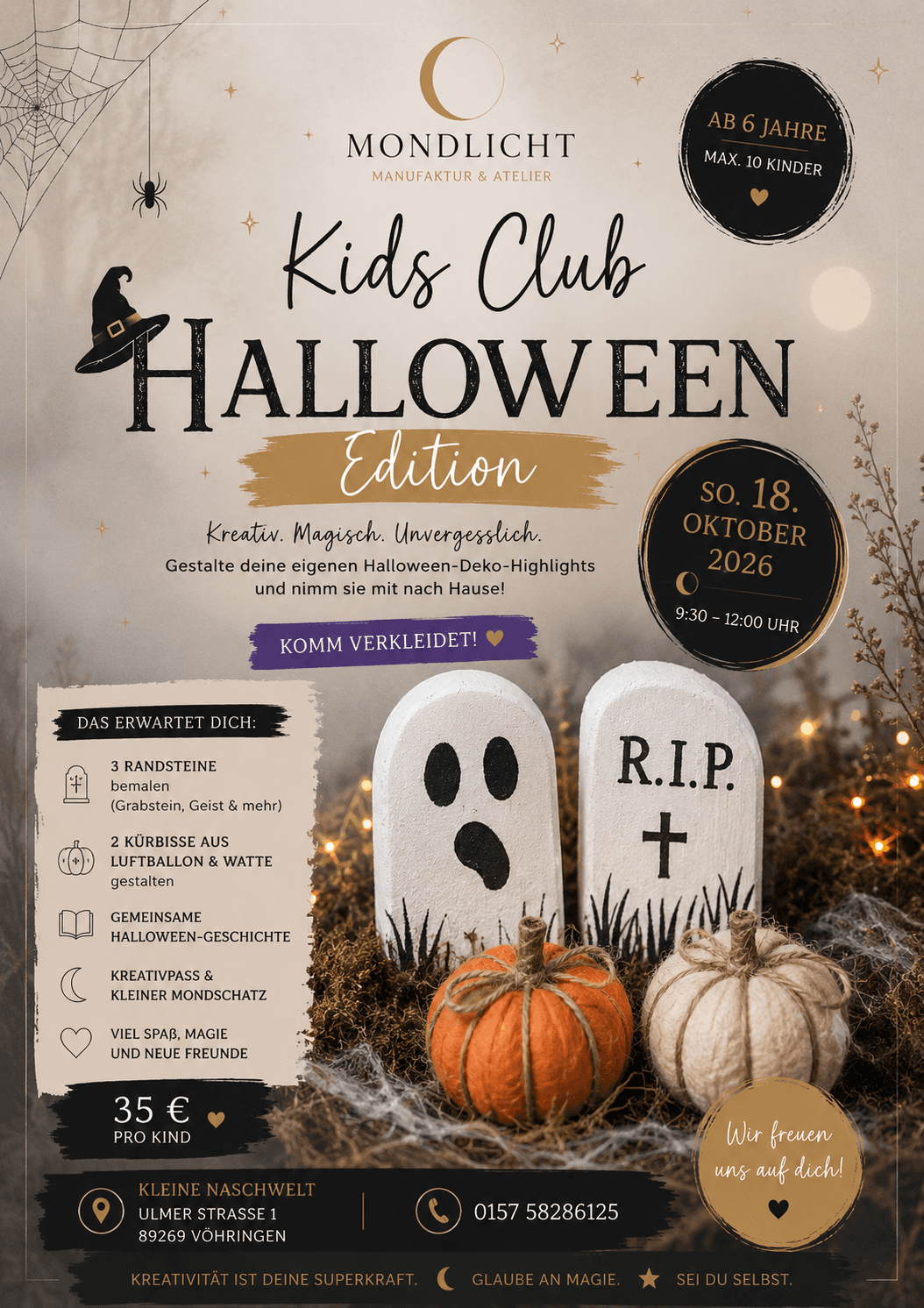 Halloween-Flyer für Kinder mit gebastelten Grabsteinen, Kürbissen und Veranstaltungsdetails in stimmungsvollem Design.