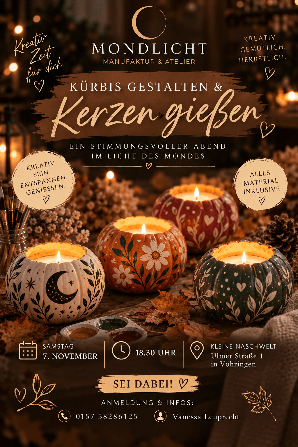 Flyer für einen Workshop zum Kürbisgestalten und Kerzengießen mit kunstvoll bemalten Kürbis-Kerzenhaltern.
