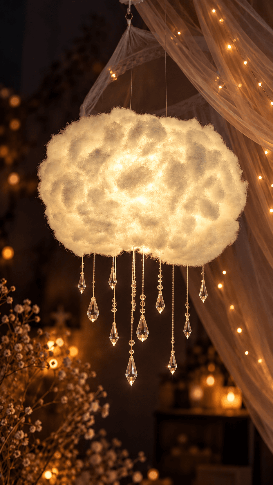 Beleuchtete flauschige Wolkenlampe mit hängenden Kristall-Regentropfen vor einem Hintergrund aus warmen Lichterketten.
