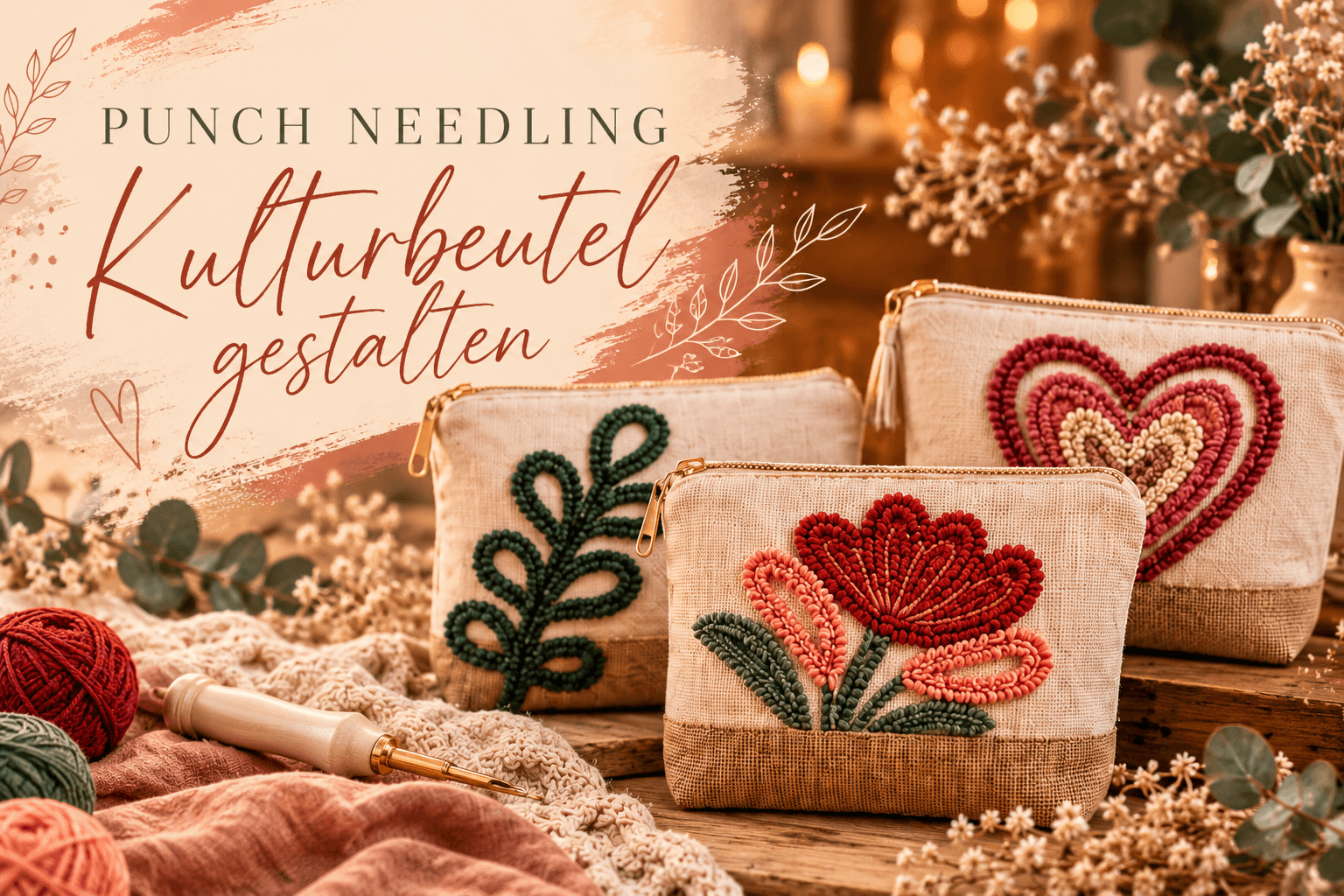Drei beige Leinentaschen mit farbenfrohen Punch-Needle-Stickereien von Blättern, Blumen und Herzen auf Holz.